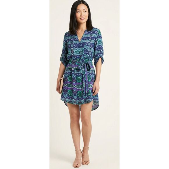 Anthropologie Dresses & Skirts - Anthropologie Maeve Ikat Roll Tab Sleeve Belted Shirt Dress Women's Size XS